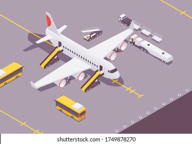 Isometric plane at the airport after landing. Loading cargo and baggage, people, airplane ground service cars around. Concept scene