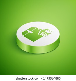 Isometric Plane and cardboard box icon isolated on green background. Delivery, transportation. Cargo delivery by air. Airplane with parcels, boxes. White circle button. Vector Illustration