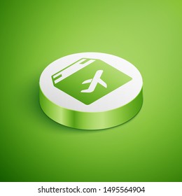 Isometric Plane and cardboard box icon isolated on green background. Delivery, transportation. Cargo delivery by air. Airplane with parcels, boxes. White circle button. Vector Illustration