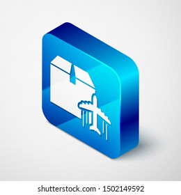Isometric Plane and cardboard box icon isolated on white background. Delivery, transportation. Cargo delivery by air. Airplane with parcels, boxes. Blue square button. Vector Illustration
