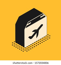 Isometric Plane and cardboard box icon isolated on yellow background. Delivery, transportation. Cargo delivery by air. Airplane with parcels, boxes.  Vector Illustration