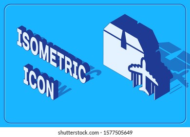 Isometric Plane and cardboard box icon isolated on blue background. Delivery, transportation. Cargo delivery by air. Airplane with parcels, boxes.  Vector Illustration