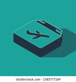 Isometric Plane and cardboard box icon isolated on green background. Delivery, transportation. Cargo delivery by air. Airplane with parcels, boxes.  Vector Illustration