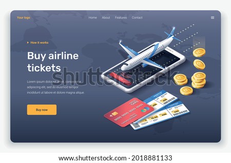 Isometric plane, coins, credit card and tickets. Landing page template.