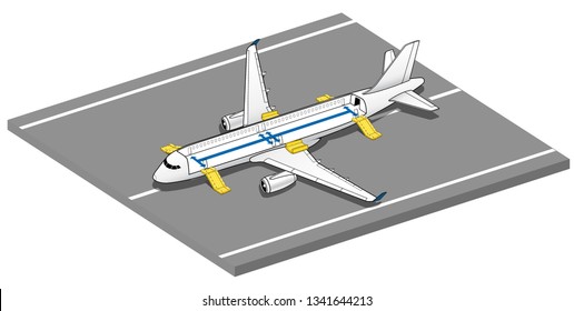 Isometric Plane Crash Airplane Slide . Airbus Window Rescue. emergency evacuation slides deployed. Plane 3d Illustration Vector.