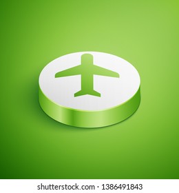 Isometric Plane icon isolated on green background. Flying airplane icon. Airliner sign. White circle button. Vector Illustration