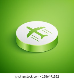 Isometric Plane icon isolated on green background. Flying airplane icon. Airliner sign. White circle button. Vector Illustration