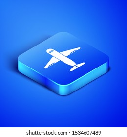 Isometric Plane icon isolated on blue background. Delivery, transportation. Cargo delivery by air. Airplane with parcels, boxes. Blue square button. Vector Illustration
