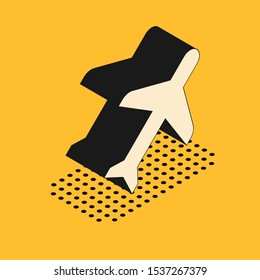 Isometric Plane icon isolated on yellow background. Flying airplane icon. Airliner sign.  Vector Illustration