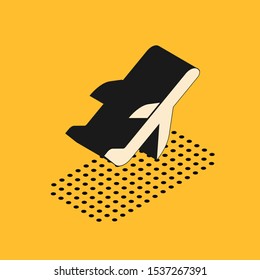 Isometric Plane icon isolated on yellow background. Flying airplane icon. Airliner sign.  Vector Illustration