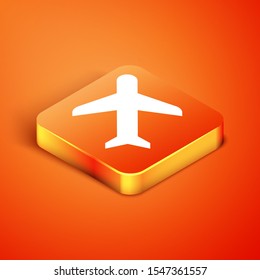 Isometric Plane icon isolated on orange background. Flying airplane icon. Airliner sign.  Vector Illustration
