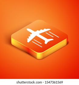 Isometric Plane icon isolated on orange background. Flying airplane icon. Airliner sign.  Vector Illustration