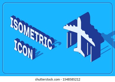 Isometric Plane icon isolated on blue background. Flying airplane icon. Airliner sign.  Vector Illustration