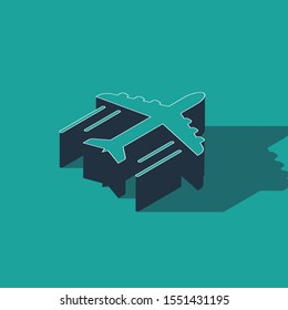 Isometric Plane icon isolated on green background. Flying airplane icon. Airliner sign.  Vector Illustration