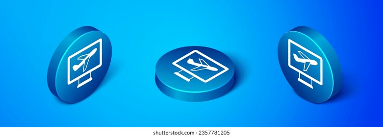 Isometric Plane icono aislado en fondo azul. Icono de avión volador. Signo de avión. Botón de círculo azul. Vector