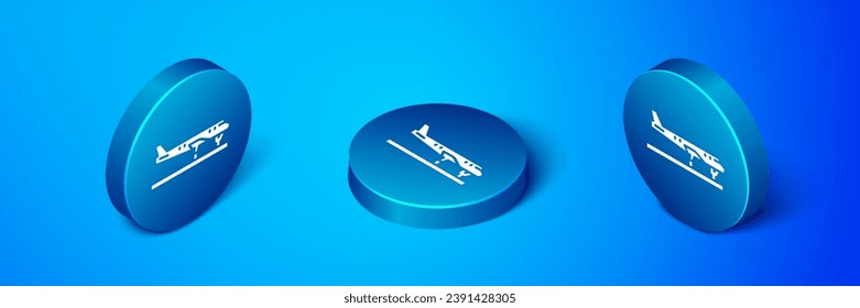 Isometric Plane icon isolated on blue background. Flying airplane icon. Airliner sign. Blue circle button. Vector