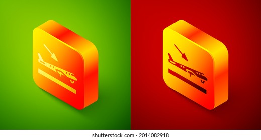 Isometric Plane landing icon isolated on green and red background. Airplane transport symbol. Square button. Vector