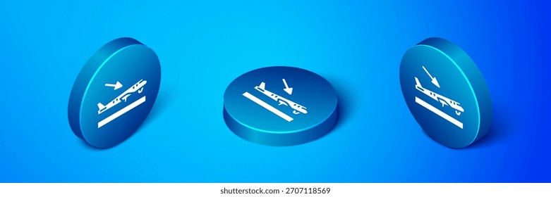Icono de aterrizaje plano isométrico aislado sobre fondo azul. Símbolo de transporte aéreo. Botón de círculo azul. Vector