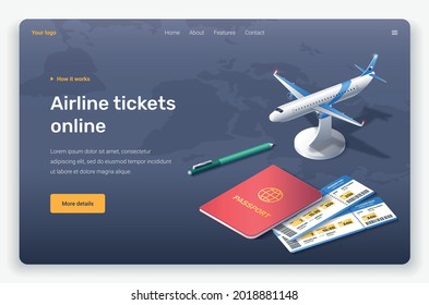 Isometric plane, pen, passport and tickets. Landing page template. 