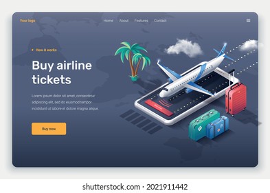 Isometric plane, phone, palm and suitcases. Landing page template. 
