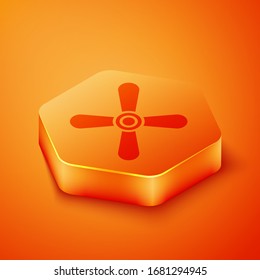 Isometric Plane propeller icon isolated on orange background. Vintage aircraft propeller. Orange hexagon button. Vector Illustration