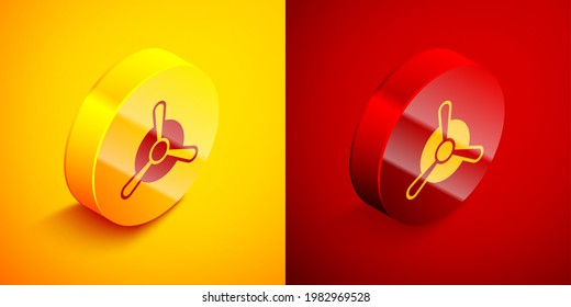 Isometric Plane propeller icon isolated on orange and red background. Vintage aircraft propeller. Circle button. Vector