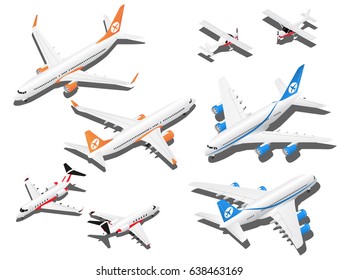 Isometric Planes Set. Private Jet, 2 Reactive Passenger Planes And Small Plane With Propeller