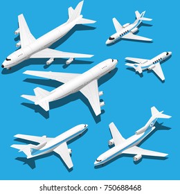 Isometric planes set. Private jet, 2 reactive passenger planes