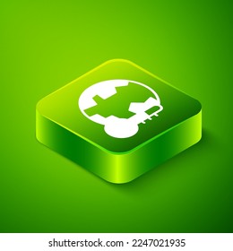 Isometric Planet earth melting to global warming icon isolated on green background. Ecological problems and solutions - thermometer. Green square button. Vector