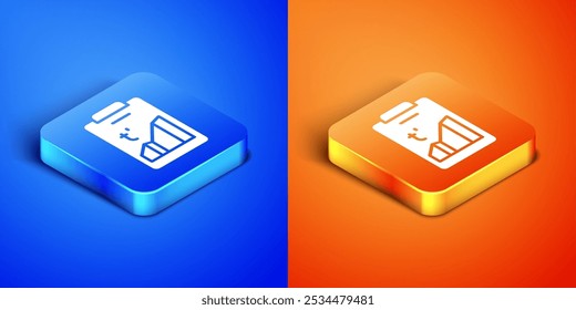 Isometric Planet earth melting to global warming icon isolated on blue and orange background. Ecological problems and solutions - thermometer. Square button. Vector