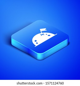 Isometric Planet with flag icon isolated on blue background. Blue square button. Vector Illustration