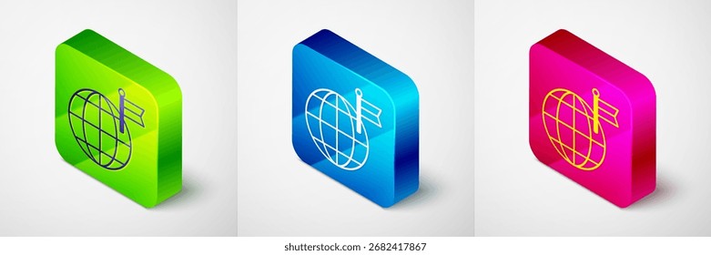 Planeta isométrico con el icono de la bandera aislado en fondo gris. Victoria, ganar y conquistar el concepto de adversidad. Botón cuadrado. Vector