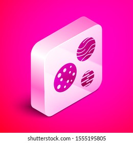 Isometric Planet icon isolated on pink background. Silver square button. Vector Illustration