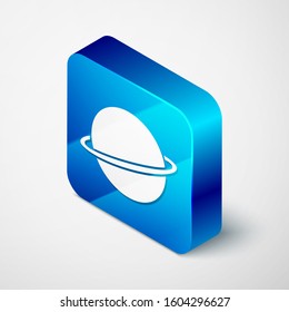 Isometric Planet Saturn with planetary ring system icon isolated on white background. Blue square button. Vector Illustration