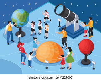 Isometric planetarium composition with human characters of children adults and starry sky with globes and telescope vector illustration