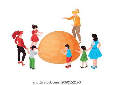 Composición isométrica del planetario con caracteres aislados de niños con profesores adultos y modelo de ilustración del vector planetario
