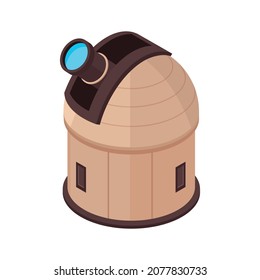 Isometric planetarium composition with isolated image of telescope building vector illustration