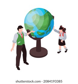 Isometric planetarium composition with isolated image of earth globe and characters of schoolgirl and teacher vector illustration