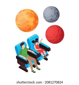 Isometric planetarium composition with isolated images of colorful planets and characters of kids on auditorium seats vector illustration