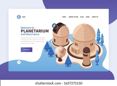 Isometric planetarium concept banner for website with clickable links buttons editable text and buildings with telescope vector illustration