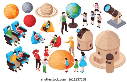 Isometric planetarium set with isolated human characters of kids and adults planets and buildings with telescopes vector illustration