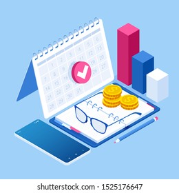 Isometric Planning Business Task Schedules For The Week. Online Business Schedule, Planning Schedule, News, Reminder, And Events Concept.