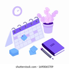 Isometric planning business task schedules for the week. Online business schedule, planning schedule, news, reminder, and events concept.