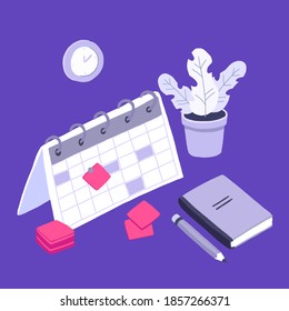 Isometric planning business task schedules for the week. Online business schedule, planning schedule, news, reminder, and events concept.
