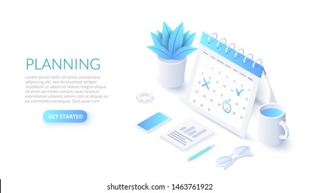 Isometric Planning Schedule And Calendar Concept. Time Management Concept. Illustration For Web Banner Layout Template.
