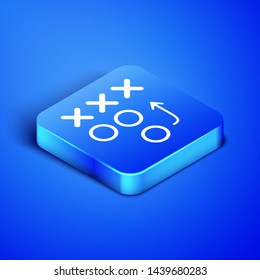 Isometric Planning strategy concept icon isolated on blue background. Soccer or american football cup formation and tactic. Blue square button. Vector Illustration
