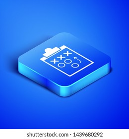 Isometric Planning strategy concept icon isolated on blue background. Soccer or american football cup formation and tactic. Blue square button. Vector Illustration
