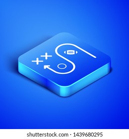 Isometric Planning strategy concept icon isolated on blue background. Soccer or american football cup formation and tactic. Blue square button. Vector Illustration