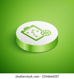 Isometric Planning strategy concept icon isolated on green background. Basketball cup formation and tactic. White circle button. Vector Illustration