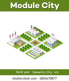 Isometric plant in 3D dimensional projection includes factories, industrial buildings, boilers, warehouses, hangars, power stations, streets, roads, trees. Urban infrastructure of city metropolis.